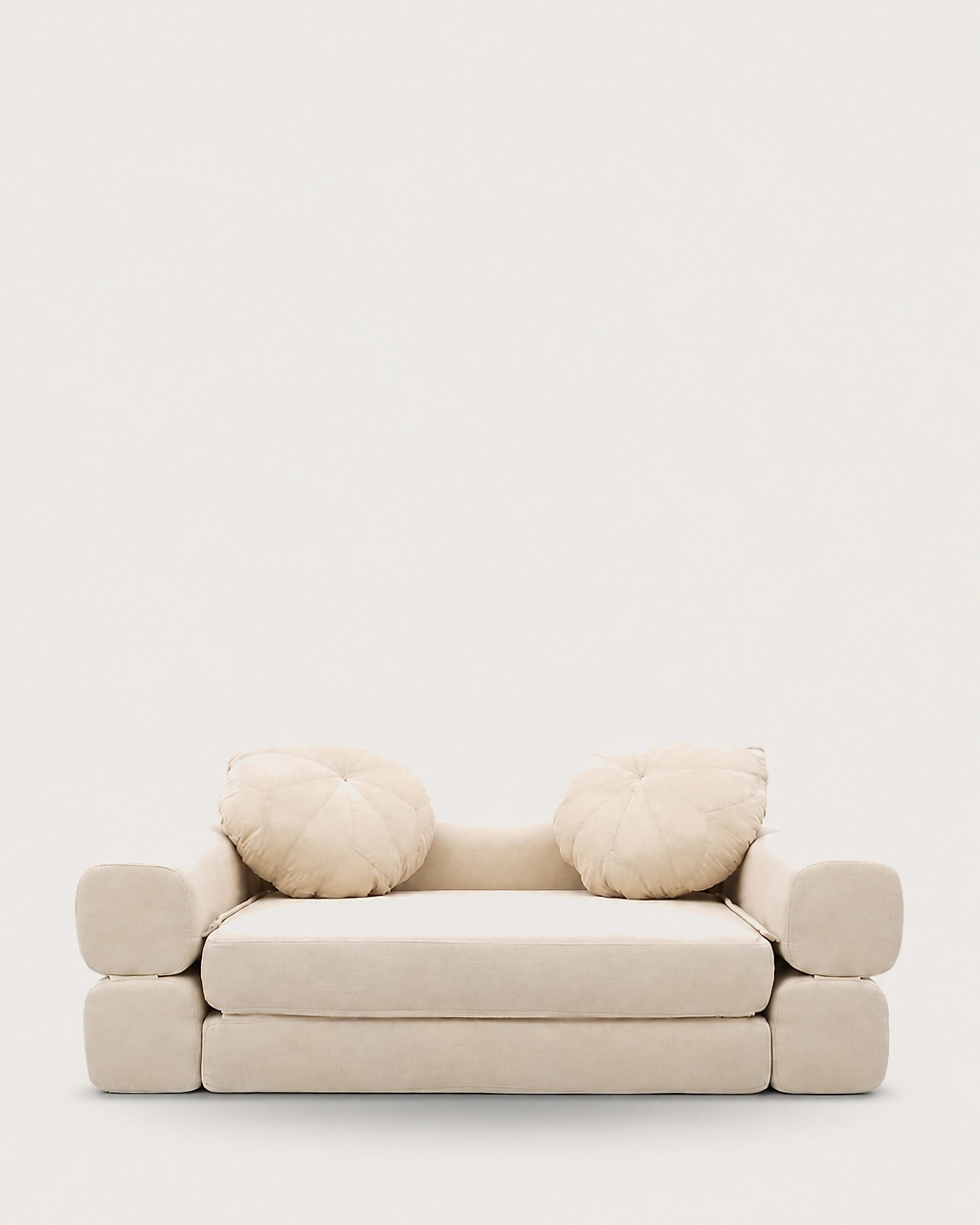 Billie Kids' 2-Seater Sofa Bed in off-white fabric with two round tufted cushions