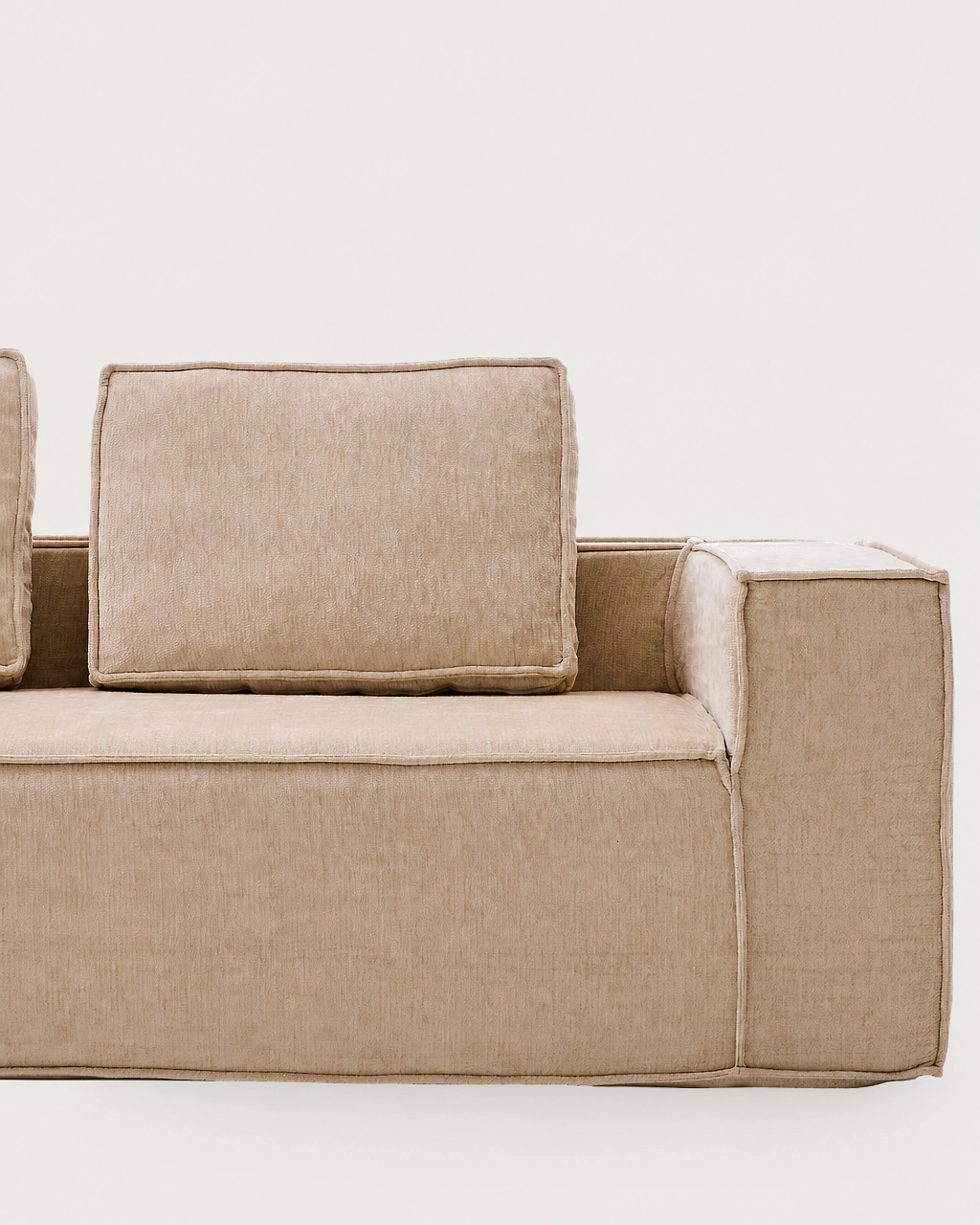 Bowie 3-Seater Modular Chaise Longue Sofa in beige fabric with piped cushions