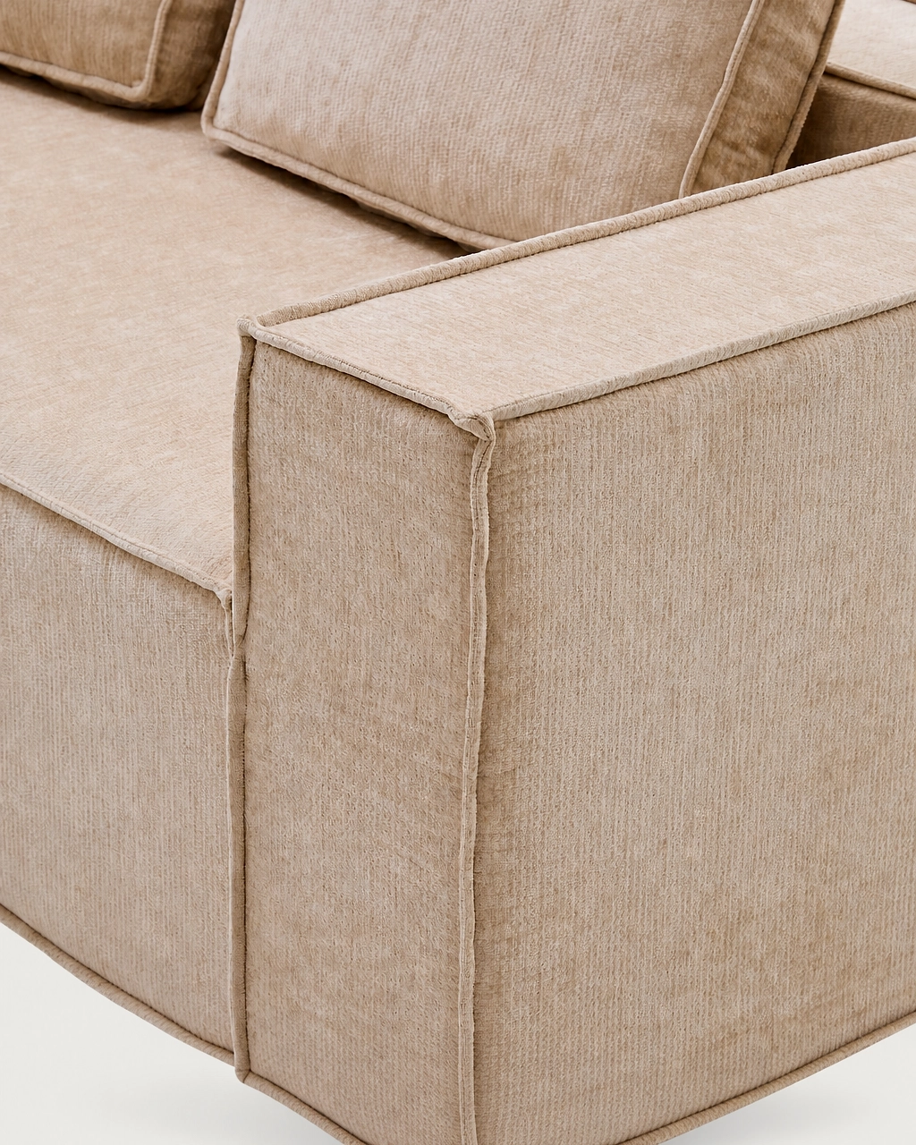 Bowie 3-Seater Modular Chaise Longue Sofa in beige fabric with piped seams