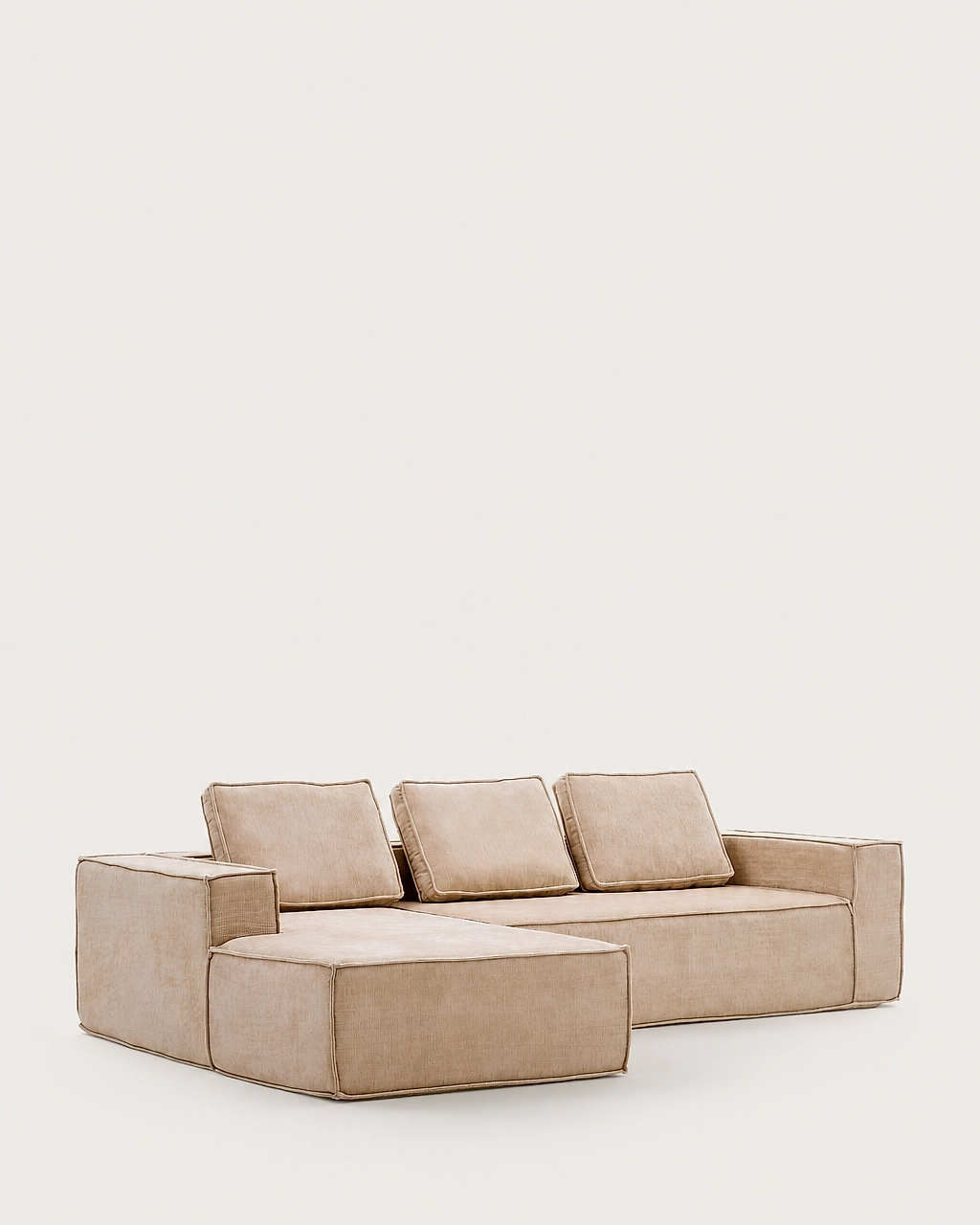 Bowie 3-Seater Modular Chaise Longue Sofa in beige fabric with piped cushions
