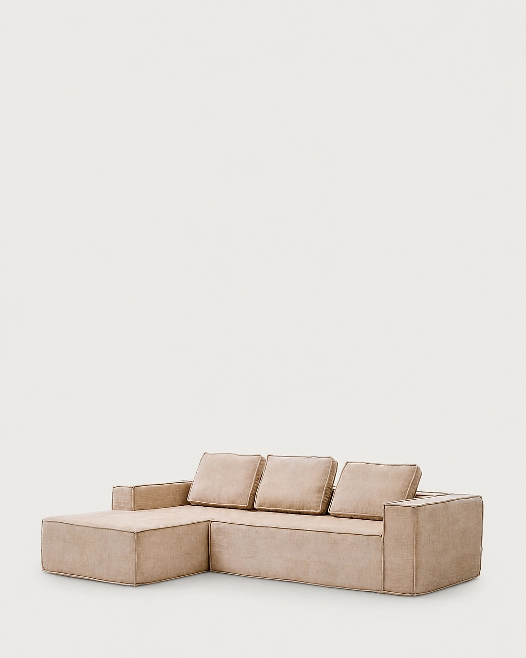 Bowie 3-seater modular chaise longue sofa in beige fabric with three back cushions