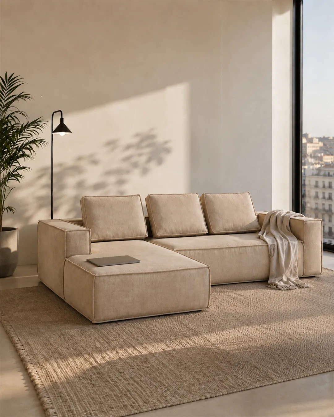 Bowie 3-Seater Modular Chaise Longue Sofa in beige fabric upholstery