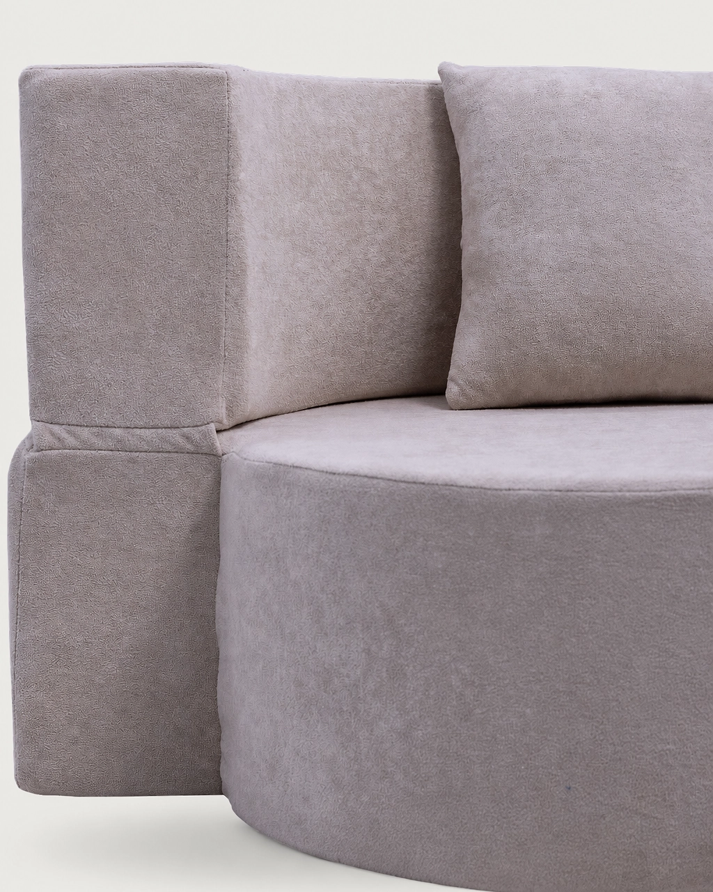 Detail of Lennon 2-Seater Sofa Bed armrest and base in taupe fabric