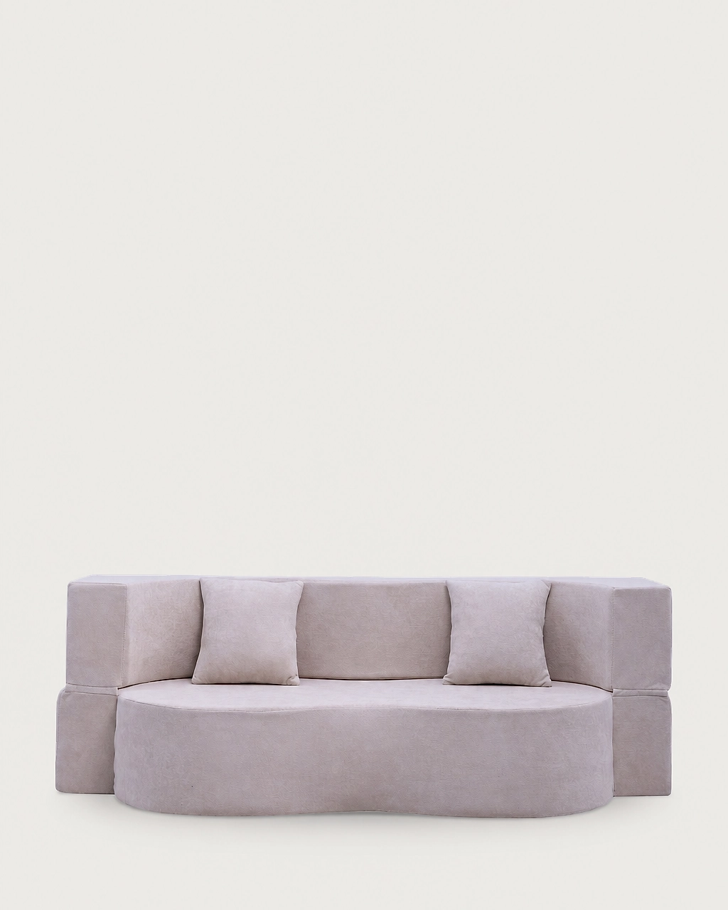 Lennon 2-seater sofa bed in taupe fabric with two cushions, front view