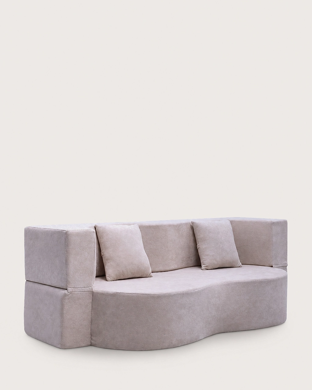 Lennon 2-seater sofa bed in taupe fabric with two cushions, vacuum-packed