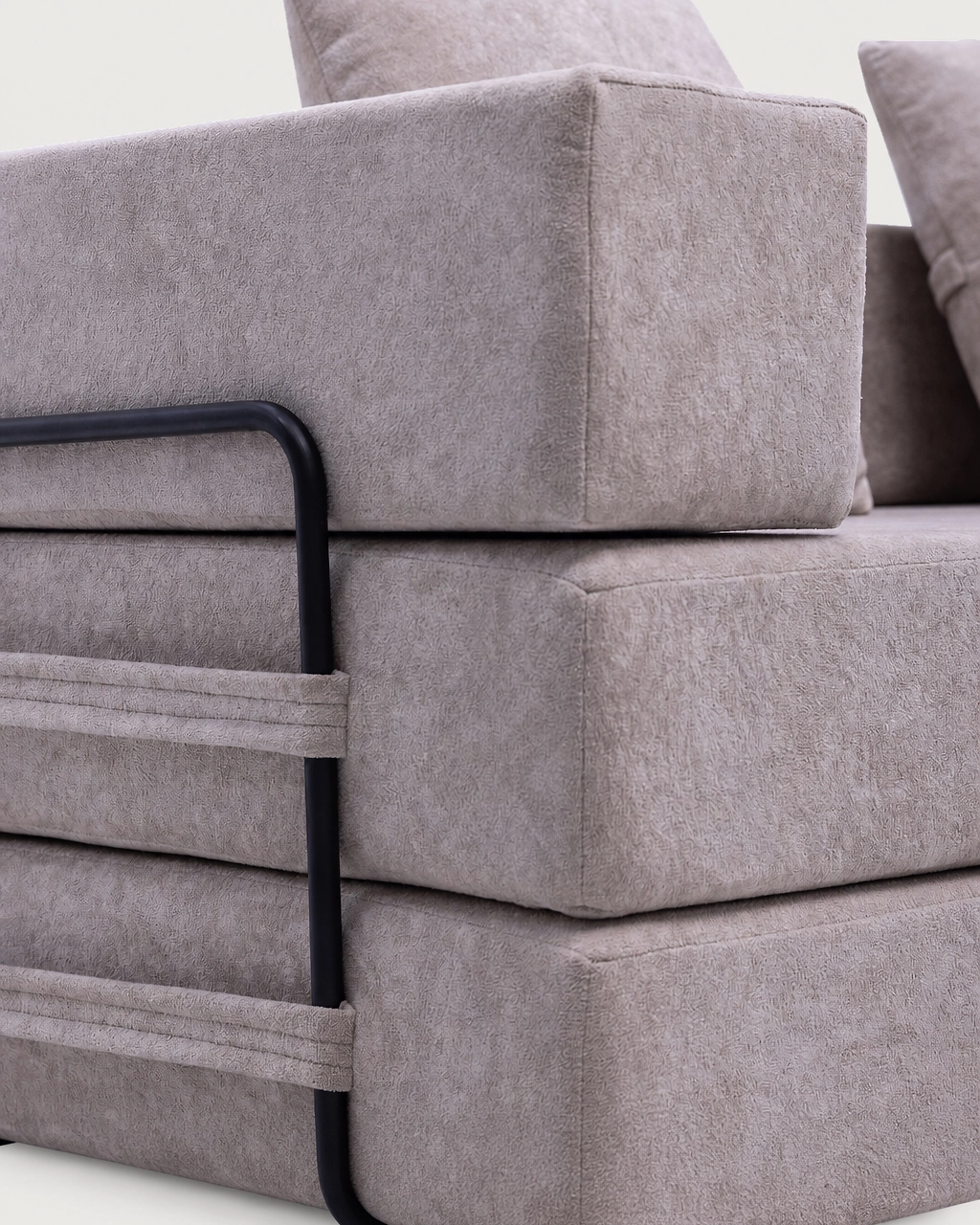 Structure detail of Lola 2-Seater Sofa Bed with taupe textured fabric