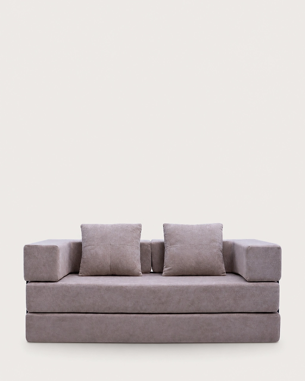 Lola 2-Seater Sofa Bed in taupe fabric with two back cushions, front view