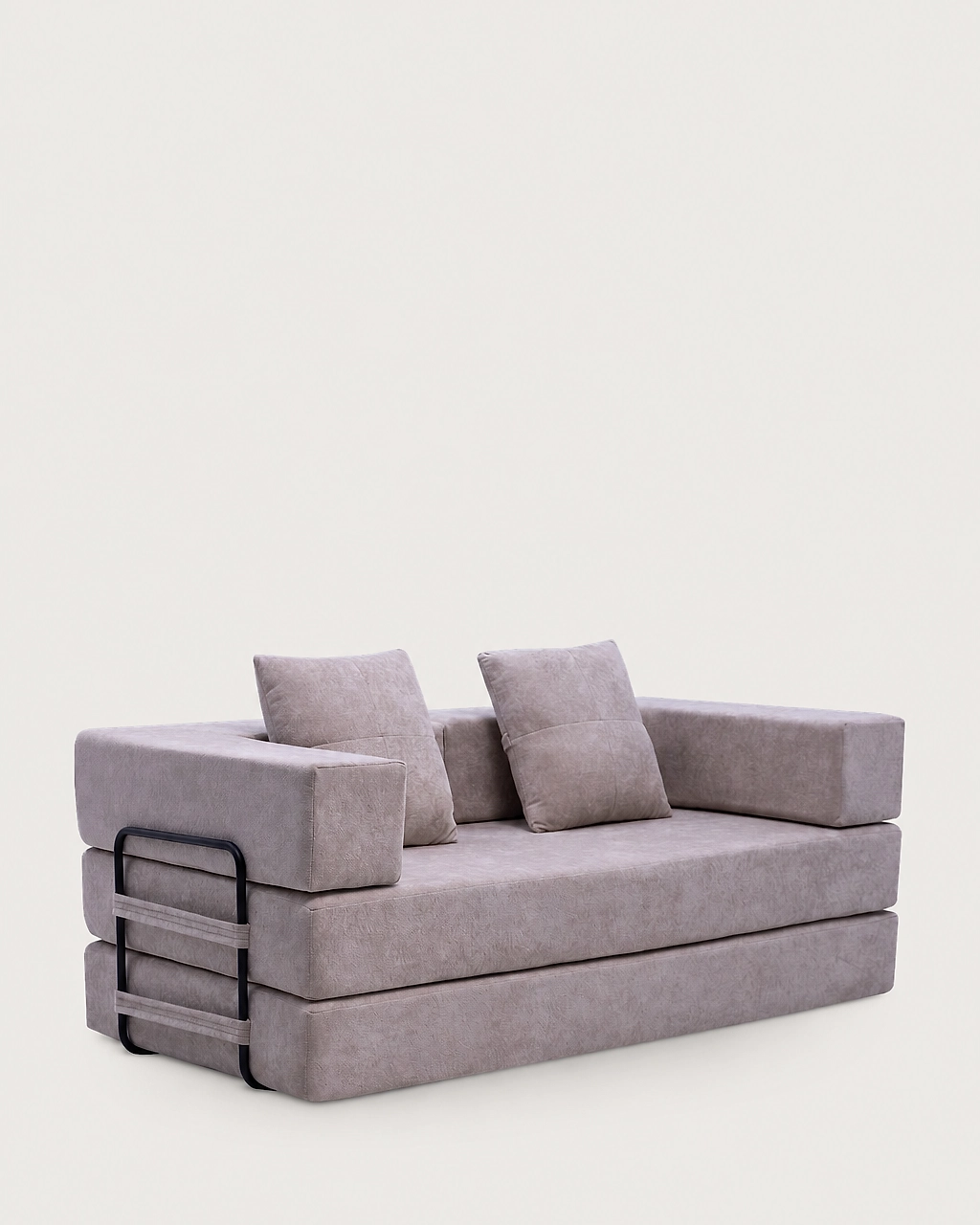 Lola 2-Seater Sofa Bed in taupe fabric with metal side rail, vacuum-packed