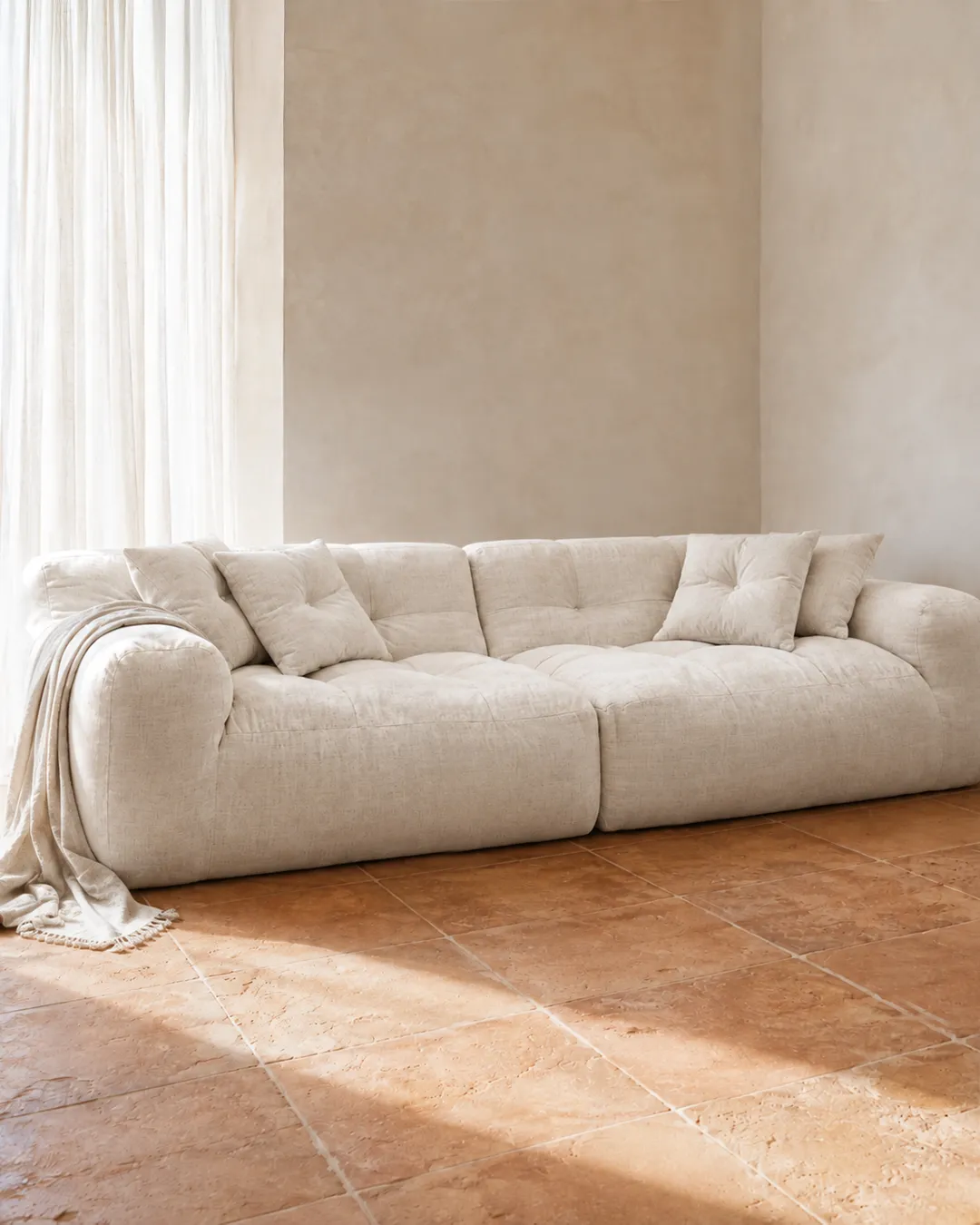 Marley 2-Seater modular sofa in off-white textured fabric with two cushions, front view