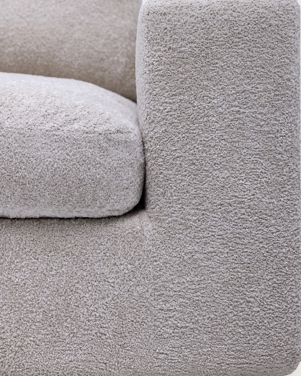 Detail of Prince 3-Seater Modular Chaise Longue Sofa seat and armrest in pale gray fabric
