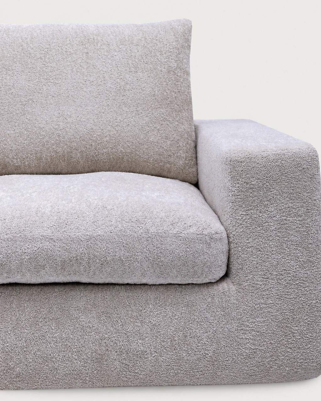 Close-up of Prince 3-Seater Modular Chaise Longue Sofa seat and armrest in pale gray fabric
