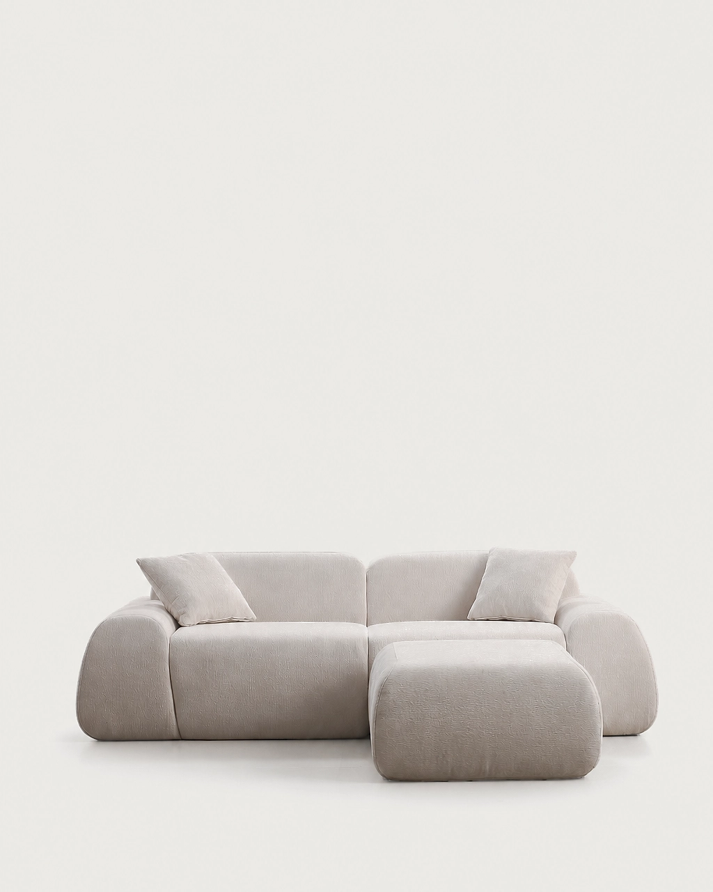 Sinatra 3-piece modular sofa with ottoman in off-white textured fabric, front view