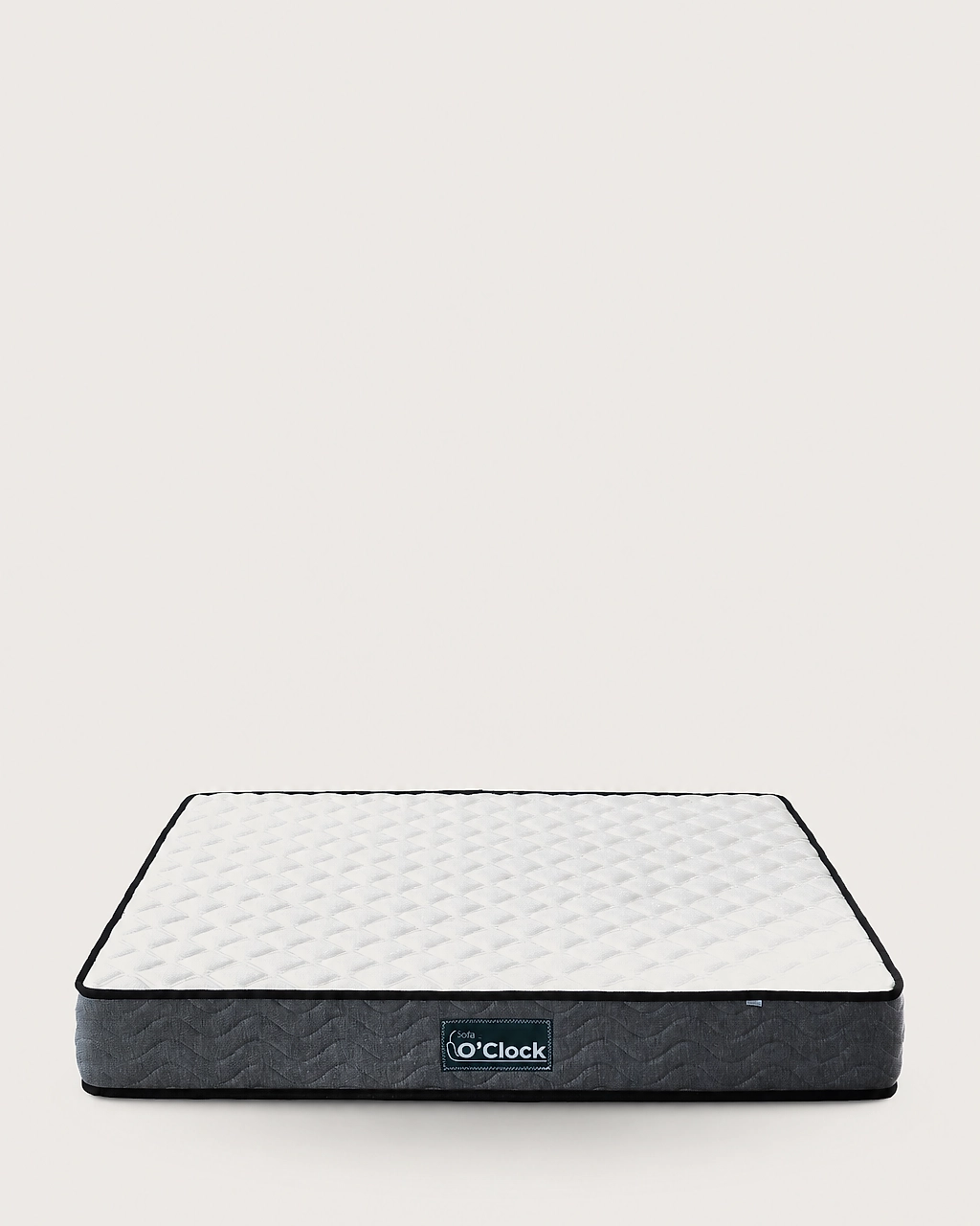 Tina vacuum-packed mattress with white quilted fabric top and gray upholstered sides