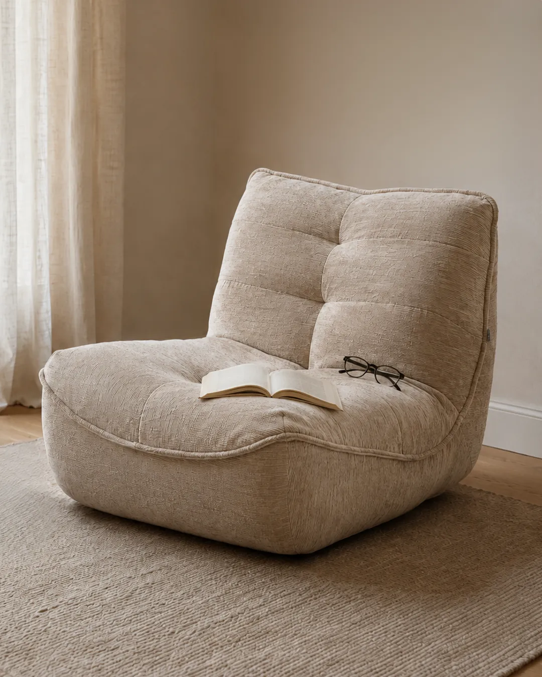 Zeca Upholstered Armchair in sand beige textured fabric with tufted back