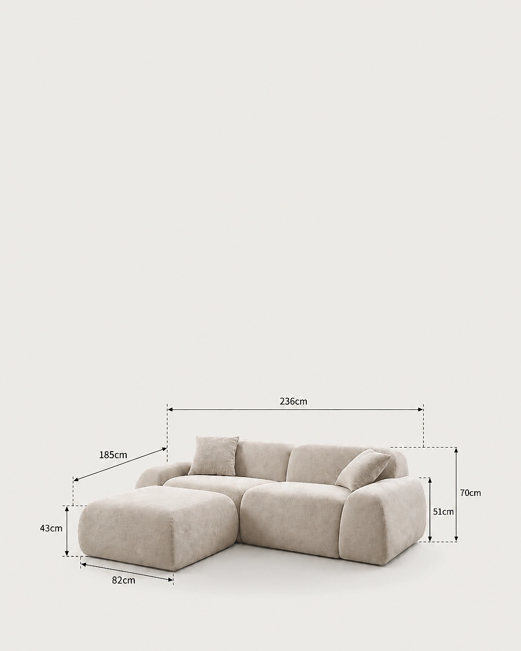 Dimensions diagram — Sinatra Modular Sofa with Ottoman, 3-Piece - Vacuum-Packed