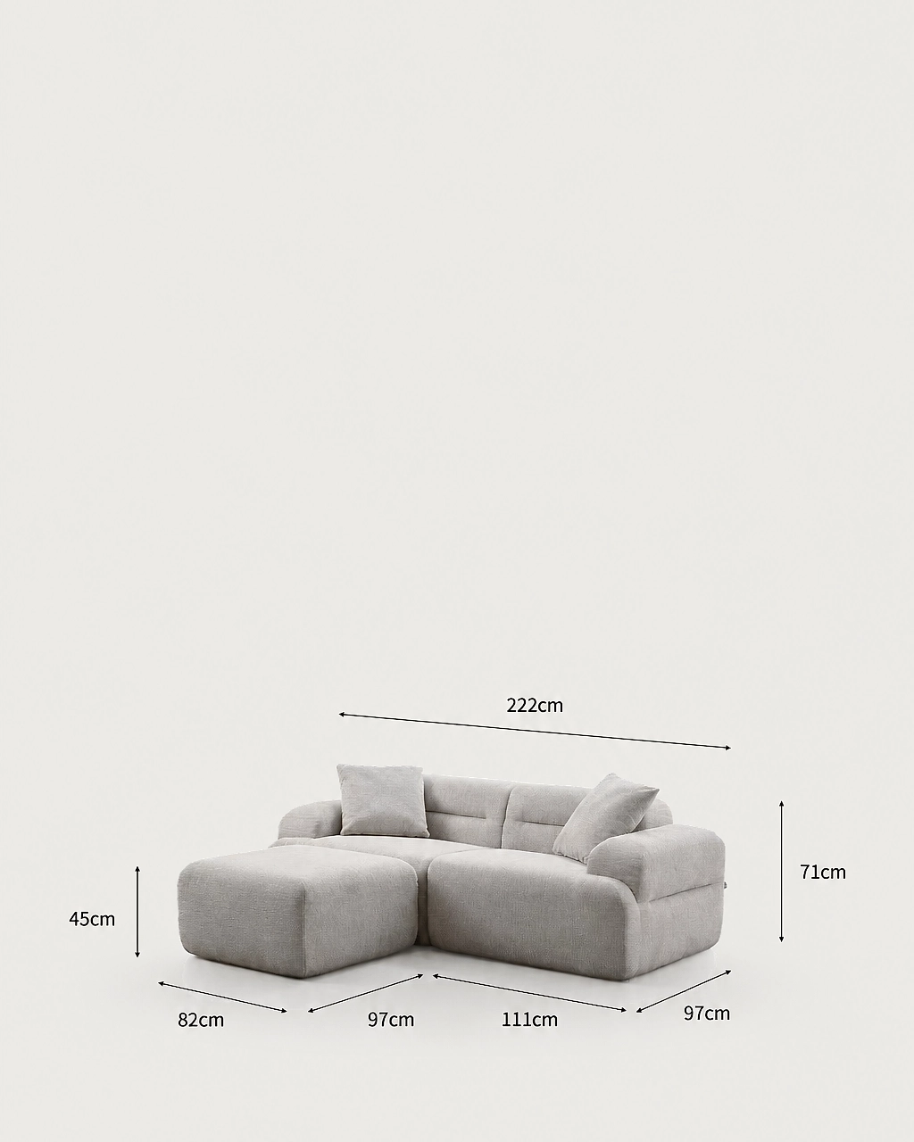 Dimensions diagram — Elvis Modular Sofa with Ottoman, 3-Piece - Vacuum-Packed