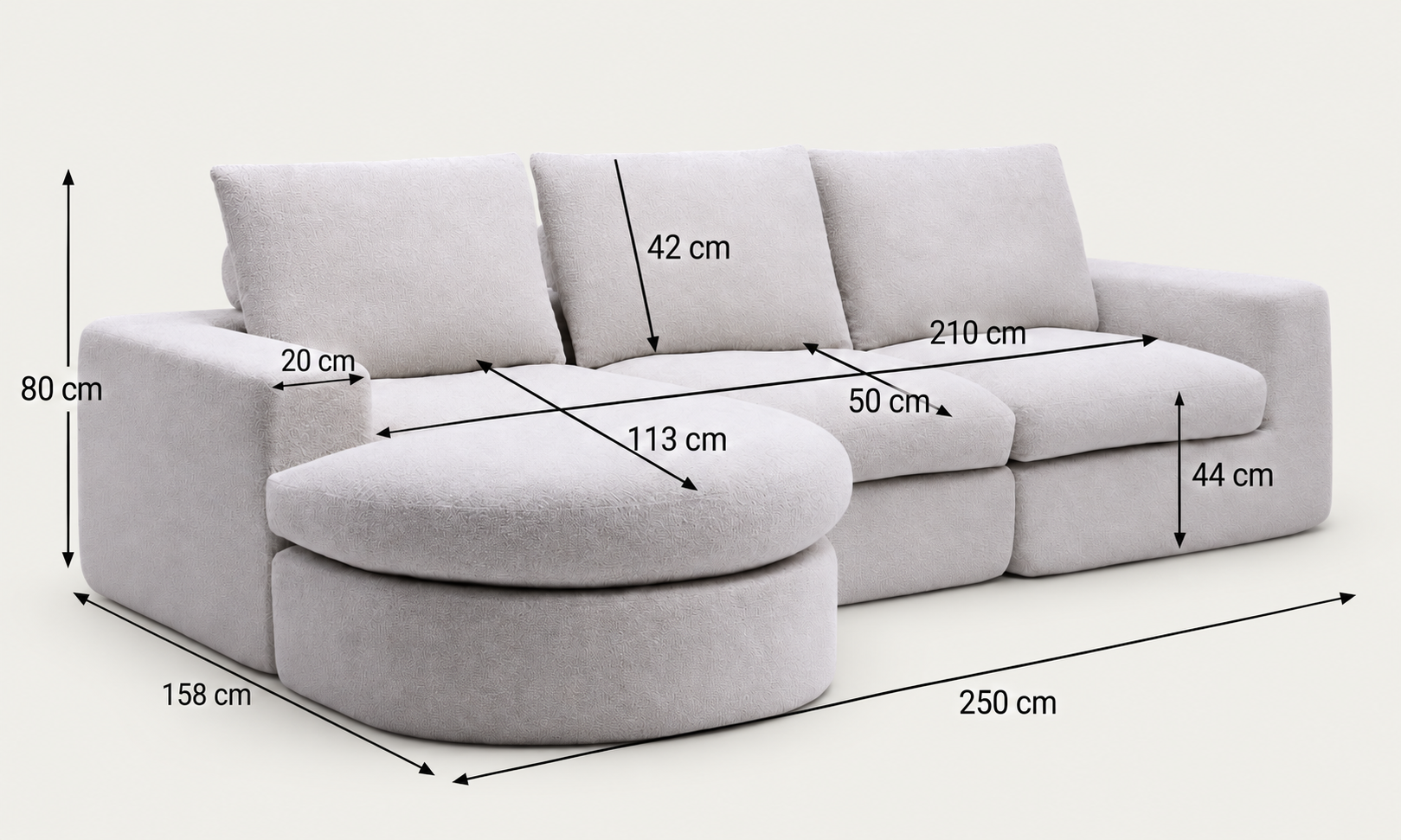 Dimensions diagram — Prince 3-Seater Modular Chaise Longue Sofa - Vacuum-Packed