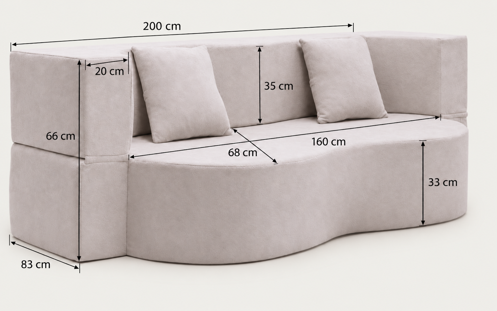 Dimensions diagram — Lennon 2-Seater Sofa Bed in Fabric - Vacuum-Packed